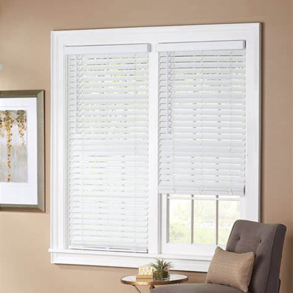 22 in x 64 in.  White Cordless Faux Wood Blinds